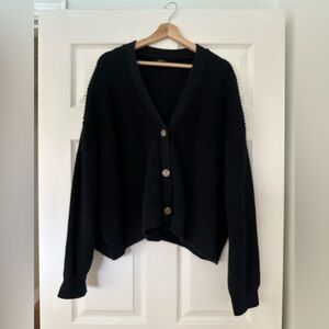 Quince Black Fisherman Boxy Cropped Cardigan